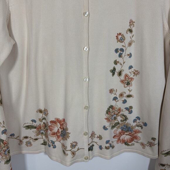 Talbots Silk Button Up Knit Cardigan Size XL Floral Cream Ivory Cottage Vintage - Picture 5 of 8